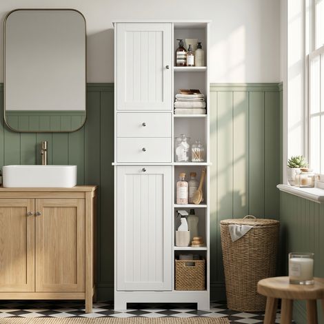 Meuble salle de bain étroit, rangement mural avec 6 étagères ouvertes, panier à linge, 2 tiroirs et porte à fermeture douce, blanc (1/5)