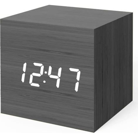 Digital Alarm Clock, Wood LED Light Mini Modern Cube Desk Alarm Clock Displays Time Date Temperature Kids, Bedroom, Home, Dormitory, Travel (Black) (1/5)