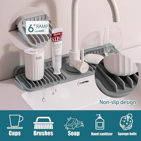 Tapis de Robinet en Silicone, Protection Anti-Éclaboussures pour Évier de Cuisine, Plateau Anti-Gouttes pour Robinet, Tampon de Séchage pour Comptoir de Cuisine et Salle de Bain (Gris, 60 cm) (1/4)