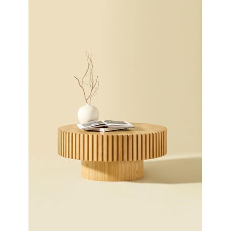 Runder Couchtisch aus MDF in Walnussfarbe/Natur/Schwarz, Ø80x35 cm, mit handgefertigtem Massivholz-Rahmen im Rillendesign, stabil & verzugsfrei, moderner Holztisch für Wohnzimmer (1/5)