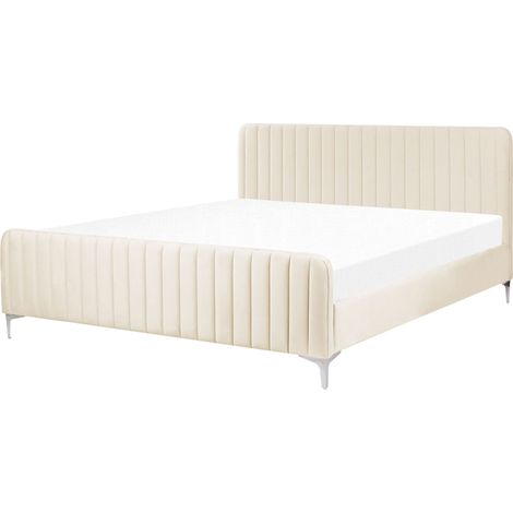 Velvet EU Super King Size Bed Tufted Headboard 6ft Metal Legs Slatted Base Beige Lunan