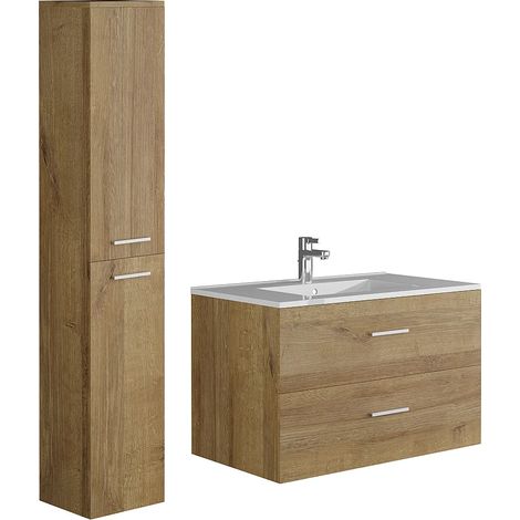 Mobile bagno sospeso con lavabo singolo e colonna portaoggetti 80 cm Naturale Chiaro - KAYLA (1/5)