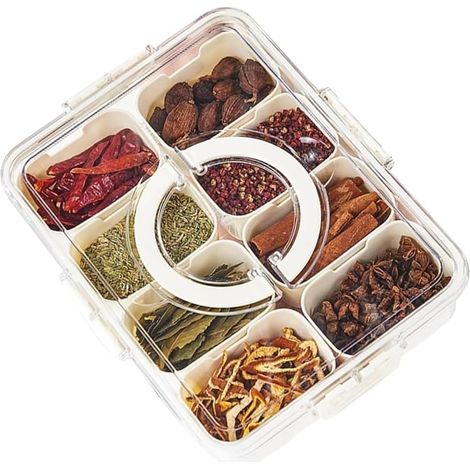 Boîte à épices, récipients à condiments avec couvercles, plateau de service compartimenté avec couvercle, boîtes à collations, organisateur transparent pour bonbons, fruits, noix, épices (1/5)