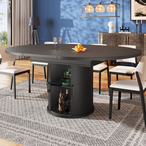 Table à manger ronde extensible avec rangement intégré, table de cuisine ovale extensible 118-158 cm, table de salle à manger design noir, meuble repas pour 6 personnes avec espace de stockage (1/5)