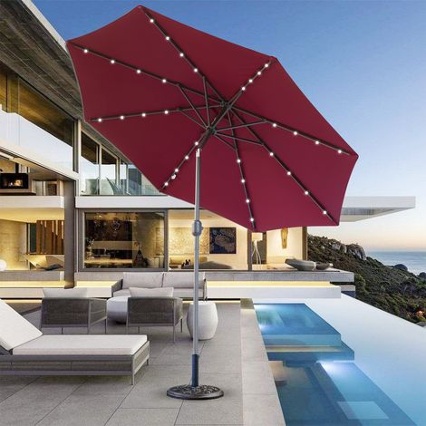 2.7M Garden Solar LED Parasol Sun Shade Patio Umbrella with Tilt Crank Wine Red w/ Base (1/5)