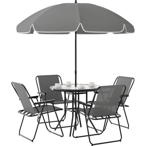 Set da Giardino 6 Pezzi in Acciaio con 4 Sedie Pieghevoli, Ombrellone e Tavolo Rotondo, Grigio e Nero