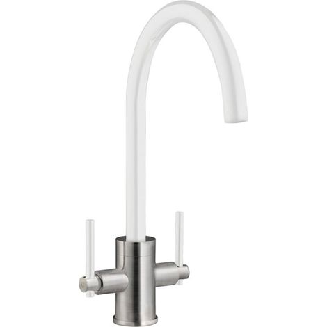 Prima Coloured Swan Neck Dual Lever Kitchen Sink Mixer Tap - White/Brushed Steel (1/2)