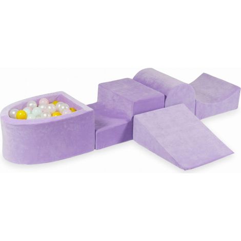 Parco giochi in schiuma con collina e piscina in micro velluto morbido viola + 100 palline: perla, rosa chiaro, giallo, menta chiaro (1/5)