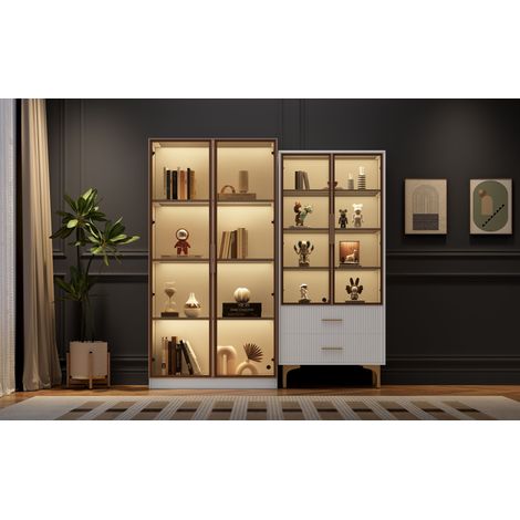 Ensemble de salon moderne : deux vitrines blanches en verre avec éclairage LED et étagères réglables, finition platine - meuble haut, buffet, vitrine sur pied (1/5)