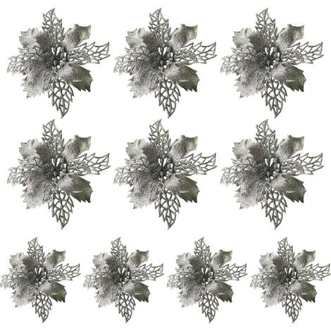 Lot de 10 décorations de Noël argentées à paillettes, en forme de feuilles de houx et de poinsettias artificiels, pour sapin (15 cm de diamètre), couronne de Noël, guirlande, cadeau floral, décoration (1/5)