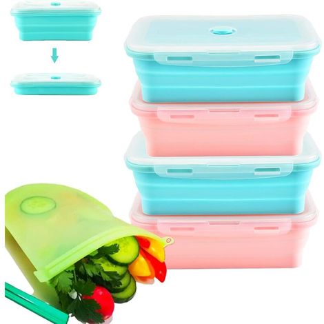 Bardusch-4 boîtes pliables silicone 800 ml, livrées avec sacs rangement gratuits, four/micro-ondes/congélateur/lave-vaisselle (1/5)