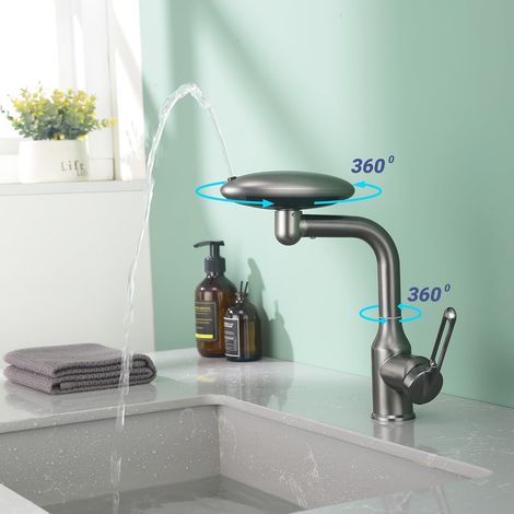 Rubinetto da bagno multifunzionale a cascata con 4 modalità di flusso, flusso d'acqua singolo, bagno moderno, beccuccio girevole a 360°, tubi di alimentazione grigio canna di fucile - ALTRO (1/4)