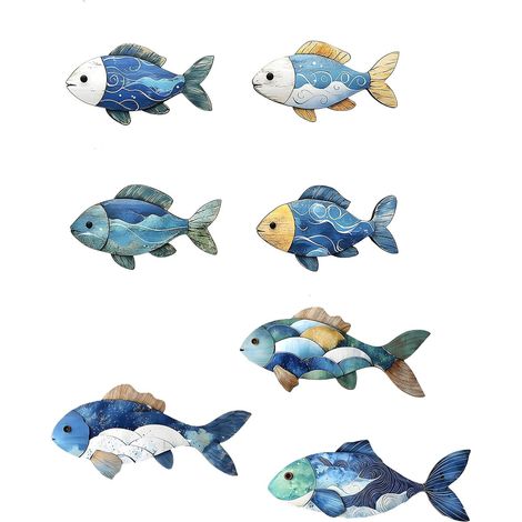 Lot de 4 poissons décoratifs muraux en bois - Poisson en bois bleu - Décoration murale adhésive pour salle de bain, plage, salon, chambre à coucher, maison de vacances (bleu 3) (1/5)
