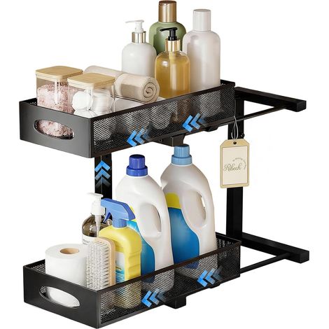 Organisateur INOX Métallique 2 Étages à Tiroirs Coulissants – Rangement Réglable en Hauteur avec 4 Ventouses, pour Évier, Salle de Bain & Cuisine, Noir (1/5)