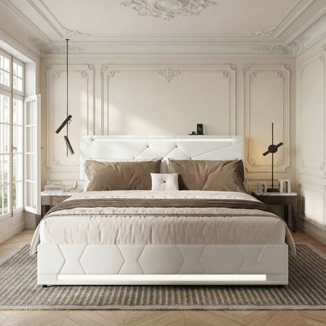 Cama Lit 160 x 200 CM con Somier - LED y USB - Cama Doble - Cama 160 x 200 con Almacenamiento debajo de la cama