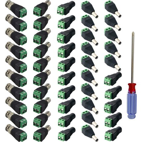 15 Paires 2.1 X 5.5mm Connecteurs Mâle Femelle d'Alimentation 12V DC + 10 Paires Connecteurs Balun Vidéo BNC Mâle Femelle, avec Tournevis Phillips (1/4)