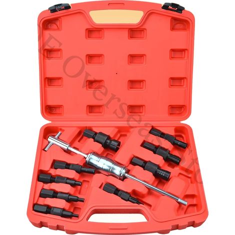 Kit extractor de rodamientos internos, juego de 10 piezas, para materiales metálicos y plásticos, longitud del martillo 105 mm, longitud del eje 390 mm, aplicación versátil. (1/5)
