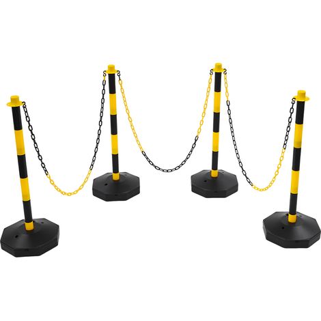 Lot de 4 bornes de signalisation jaune et noir – Avec chaînes 140 cm, base remplissable eau/sable – Pour stationnement, file d’attente, chantier