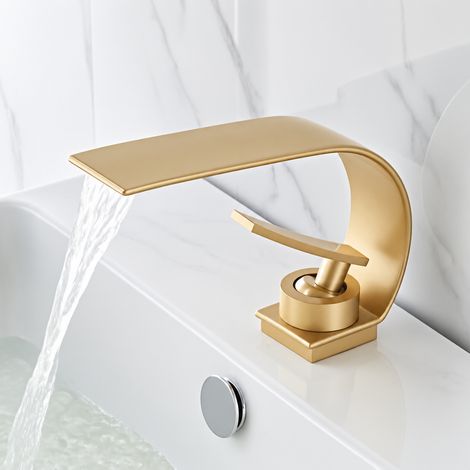 Robinet Mitigeur Lavabo cascade grand col de cygne or brossé sans tuyaux de raccordement 25 × 19 × 7 cm – Livraison gratuite