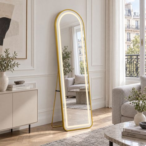 Miroir sur pied longueur LED arqué 150x40 cm, éclairage tactile 3 couleurs, cadre aluminium, sur pied ou mural, style moderne pour chambre salle de bain, Doré (1/5)