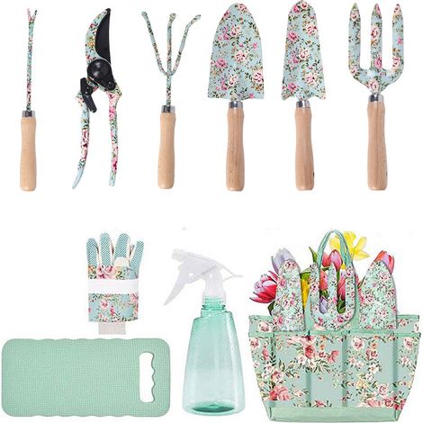 Set di 10 attrezzi da giardino e per fiori con borsa, kit da giardinaggio resistente con cesoie da potatura, pala, rastrello, spruzzatore, tappetino per inginocchiarsi e guanti - Adatto a donne e giar