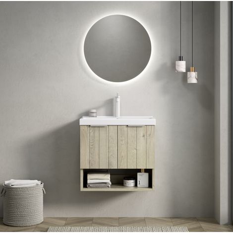 Mobile lavabo sospeso moderno 55 cm con lavabo integrato in ceramica bianca, 2 ante e vano a giorno, finitura rovere chiaro (1/5)