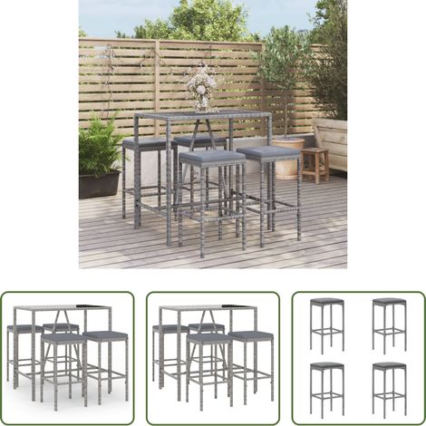 vidaXL Barhocker - 5-tlg. Gartenbar-Set mit Kissen Grau Poly Rattan (1/5)