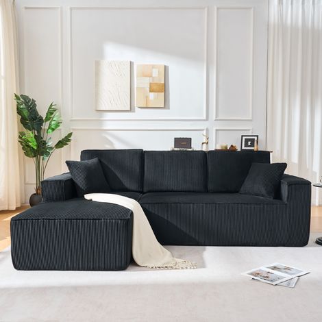 Divano angolare modulare 235x128x60 cm, design a L, chaise longue integrata, 2 cuscini, corduroy nero (1/5)