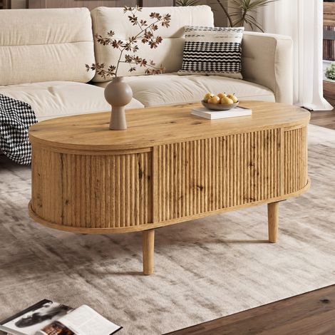 Table basse relevable ovale chêne clair 100x50x39 cm avec grand rangement, pour salon, style contemporain