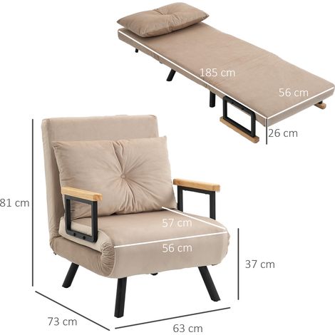 Canapé convertible relax avec fonction lit, fauteuil d'invité velours beige, dossier inclinable, coussin lombaire, 63x73x81 cm, salon moderne (1/5)