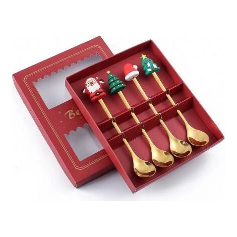 Coffret de 4 cuillères Ecarla avec figurines de Noël, couleur or LYZ3 (1/5)