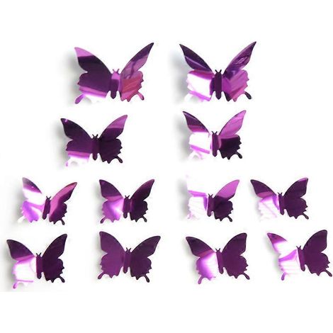 Lot de 12 stickers muraux papillons 3D argentés effet miroir, violets, pour décoration de fête, mariage ou maison. (1/5)