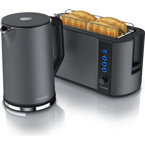 Arendo 2-teiliges Frühstücksset - Edelstahl Wasserkocher 1,5l, 4-Scheiben Langschlitz Toaster, Grau (1/5)