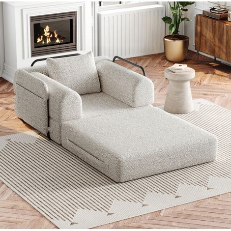 Sofá cama individual de chenilla con almacenaje en el reposabrazos, 2 en 1, caqui DESVIAE (1/5)