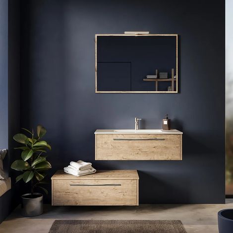 Mobile da Bagno Sospeso Modulare 100cm due Cassetti Rovere Naturale con Lavabo Incluso e Specchio Inclusi Mod. Aoki (1/2)