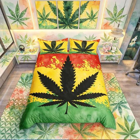Lot de 2 taies d'oreiller en feuilles de cannabis - Rouge-jaune-Vert batik - Housse de couette trippy, feuilles de chanvre - 2 taies d'oreiller - Lot de 3 pièces, literie pour lit super king size (1/3)
