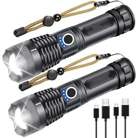 Torche Lampe de Poche LED 2 Pack, XHP50 USB Rechargeable Lampe Torche IPX4 Étanche, 5 Modes Eclairage, Lampe de Poche Zoom télescopique pour Camping, Randonnée, D'urgence [Classe énergétique A+++] (1/5)