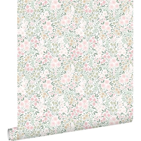 papier peint fleurs rose clair et vert  - ESTAhome