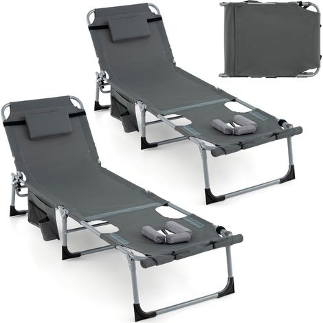 Chaise longue pliante 173-193 x 60 x 34-76 cm 5 positions réglables oreiller amovible ambiance cosy en tissu oxford gris