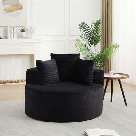 Fauteuil individuel rond 110 cm en velours côtelé noir, avec 3 coussins HAVRYA (1/5)