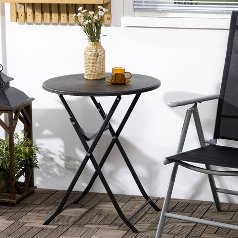 Table de jardin ronde pliante Ø60 cm, table extérieure avec plateau effet bois HDPE, structure acier, table balcon terrasse gain de place, gris foncé (1/5)