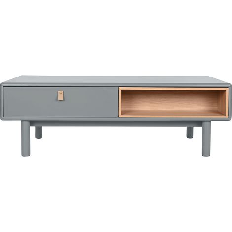 Table basse, table de salon rectangulaire avec 2 tiroirs en bois naturel et PU gris - longueur 120 x profondeur 60 x Hauteur 40 cm (1/5)