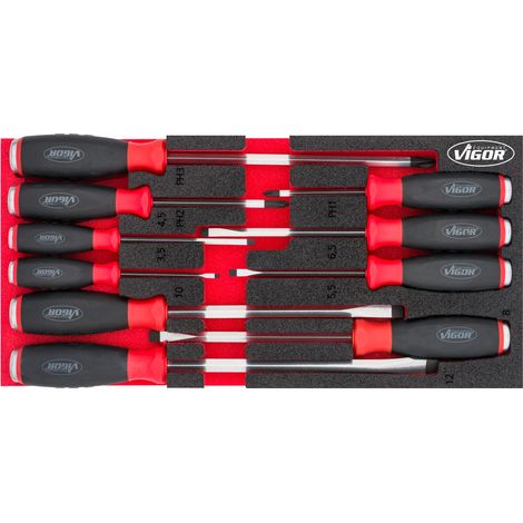 VIGOR V5068 Juego de destornilladores con cabeza de golpe ∙Perfil de ranura, Perfil Phillips (PH) ∙ 0,6 x 3,5 – 2 x 12 · PH1 – PH3 ∙ Número de herramientas: 10