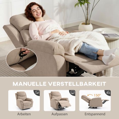 Fauteuil relax manuel moderne, revêtement aspect lin, rembourrage épais, accoudoirs capitonnés et repose-pieds, beige