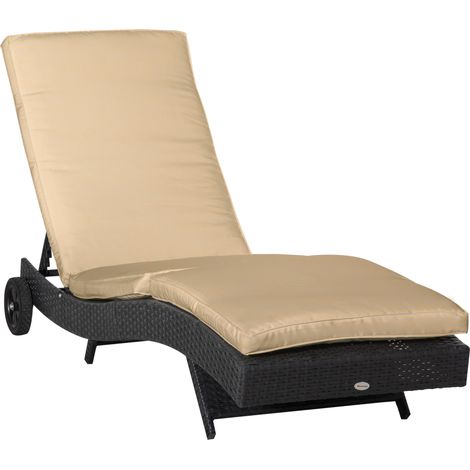 Lettino da giardino in rattan sintetico PE, sdraio con schienale regolabile e cuscino imbottito, 207x70x70 cm, beige