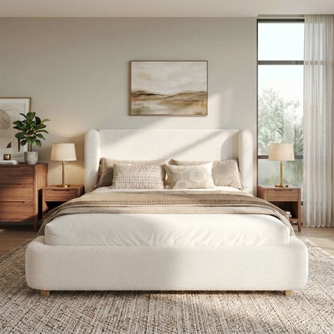 Lit double capitonné beige bouclé 180x200, avec sommier à lattes et tête de lit rembourrée, literie complète élégante (1/5)
