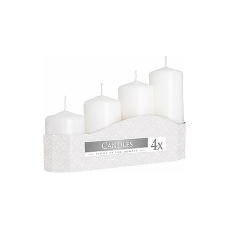 Surtido de 4 velas cilíndricas blancas en tonos pastel.