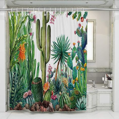 Rideau de douche en polyester à motif feuilles de cactus avec crochets, 180 x 180 cm (1/5)