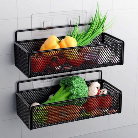 Étagère de rangement murale de cuisine sans perçage avec panier de rangement en treillis métallique et crochets pour ranger les oignons verts, le gingembre, l'ail et autres assaisonnements. (1/5)