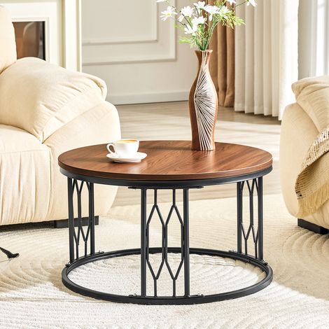 Table basse ronde en bois effet chêne, piètement métal noir, table de salon design avec structure fer géométrique, table d'appoint stable Ø70 cm, hauteur 40,5 cm (1/5)